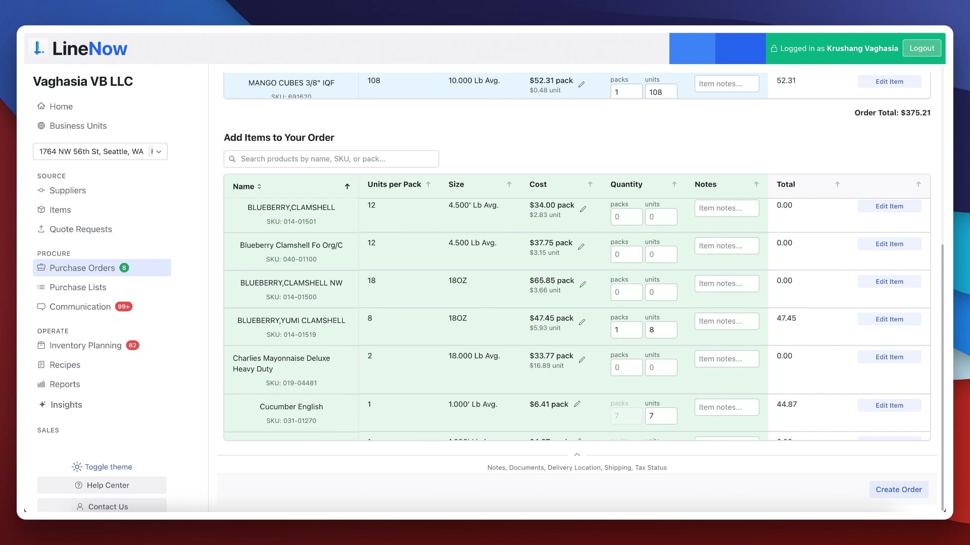 LineNow purchase order workspace showing units per pack, cost, quantity, and order notes
