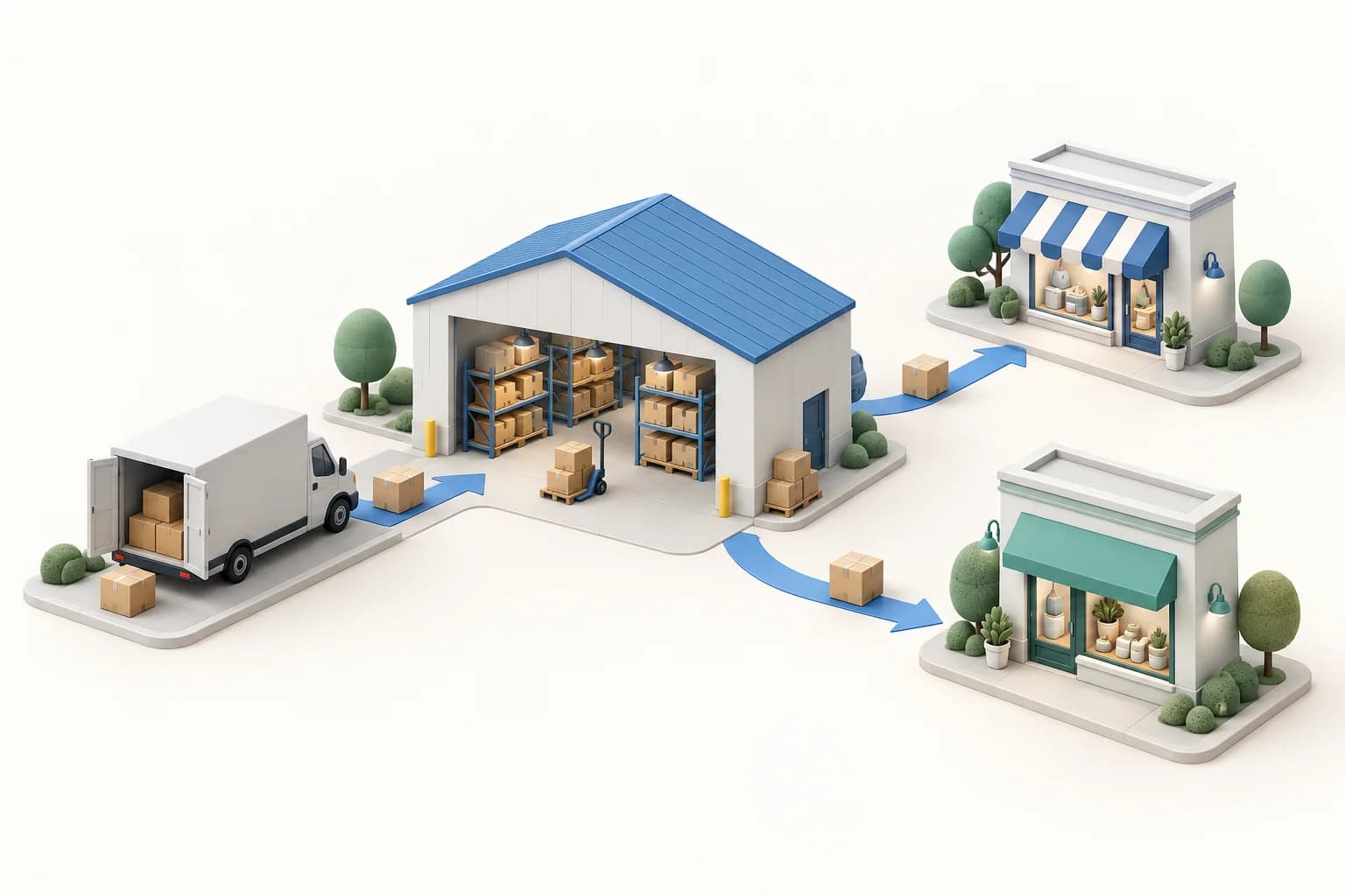 Concept illustration of a supplier delivery reaching a central warehouse that supplies two retail stores