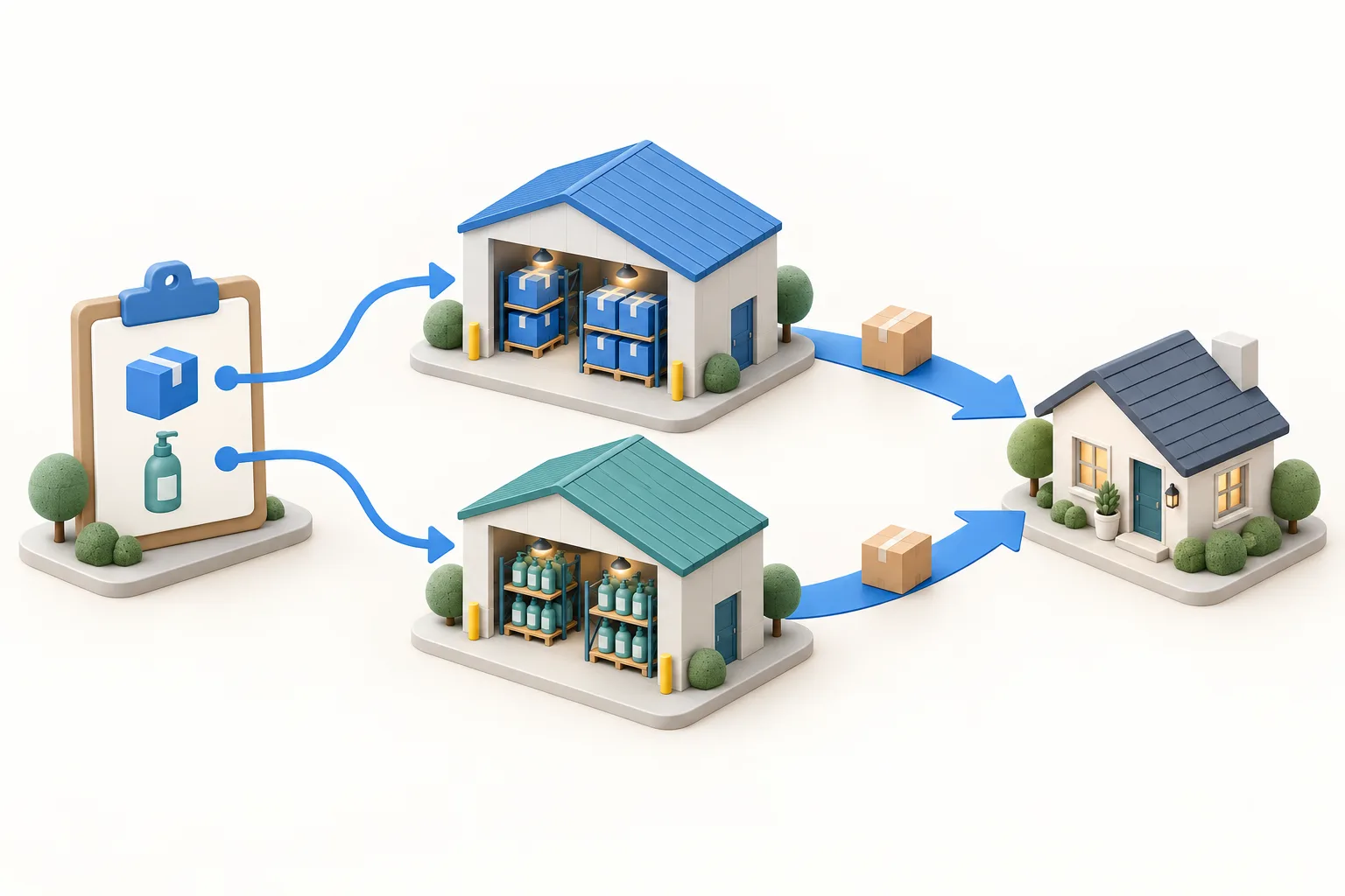 Concept illustration of one order routed to two suppliers, each shipping directly to the same customer