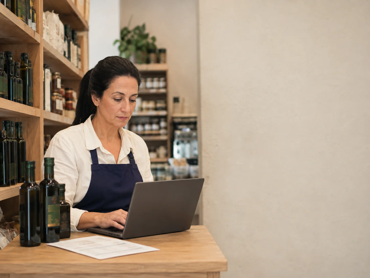 The same shop buyer reviewing a supplier message beside olive oil stock